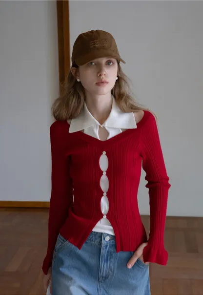 Womens Contrast Collar Cutout Knit Cardigan