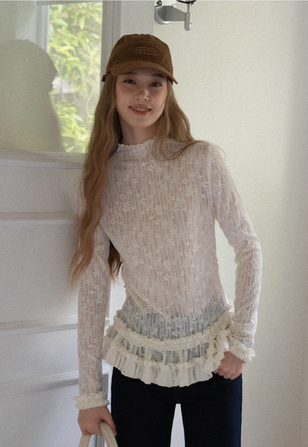 Women High Neck Long Sleeve Lace Top with Layered Ruffle Hem