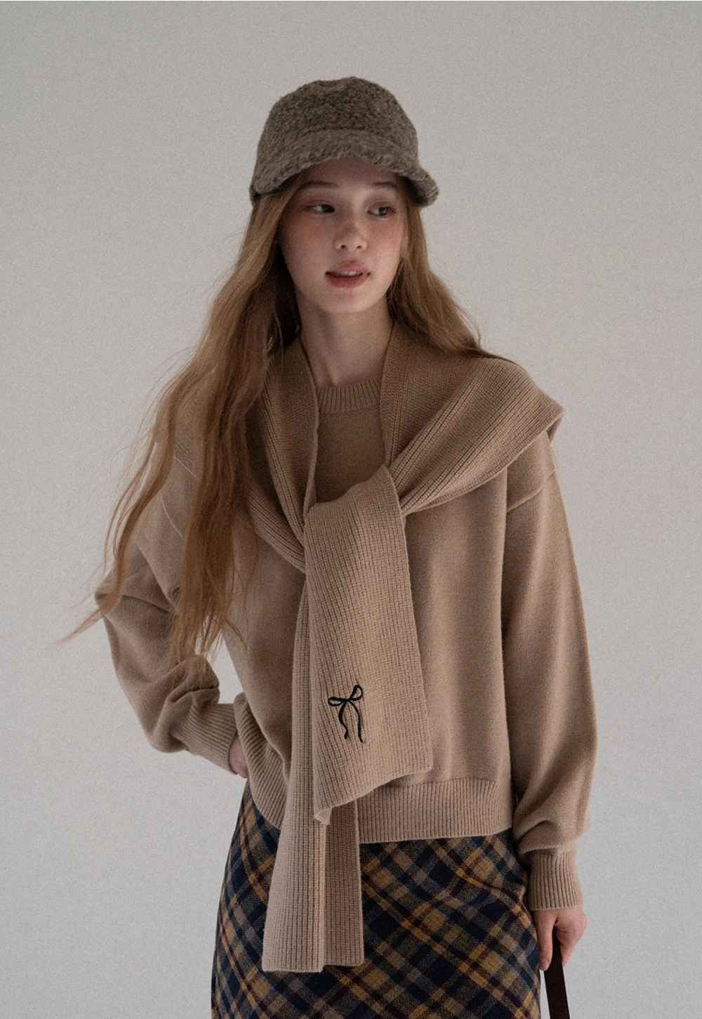 Women Faux Layered Sweater with Scarf Collar