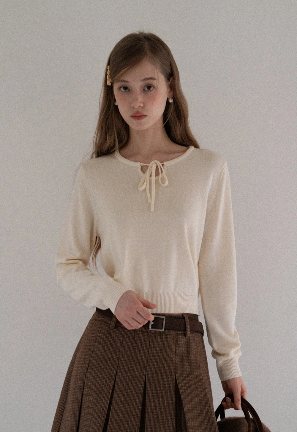 Women Sweet Style Bow Tie Long Sleeve Knitwear