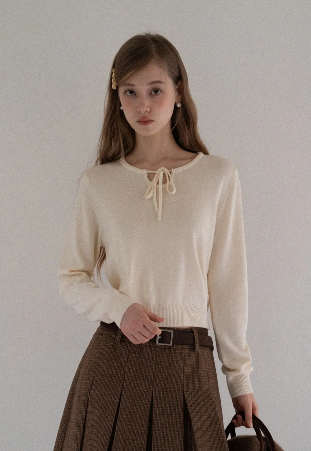 Women Sweet Style Bow Tie Long Sleeve Knitwear