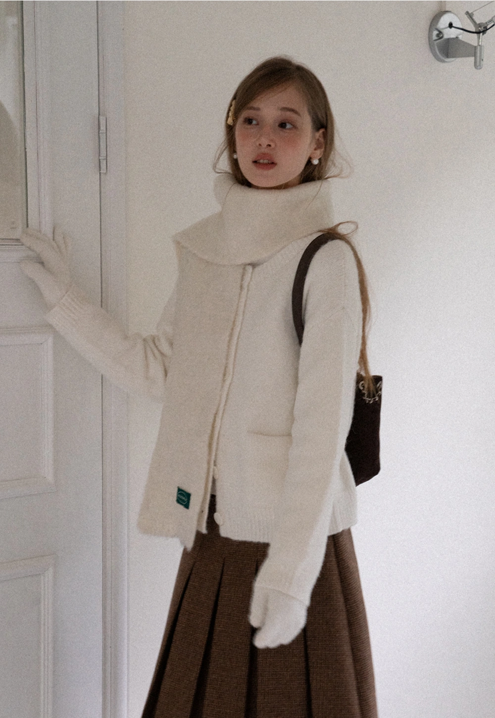 Women Basic Cream Knit Cardigan Casual Warm Sweater