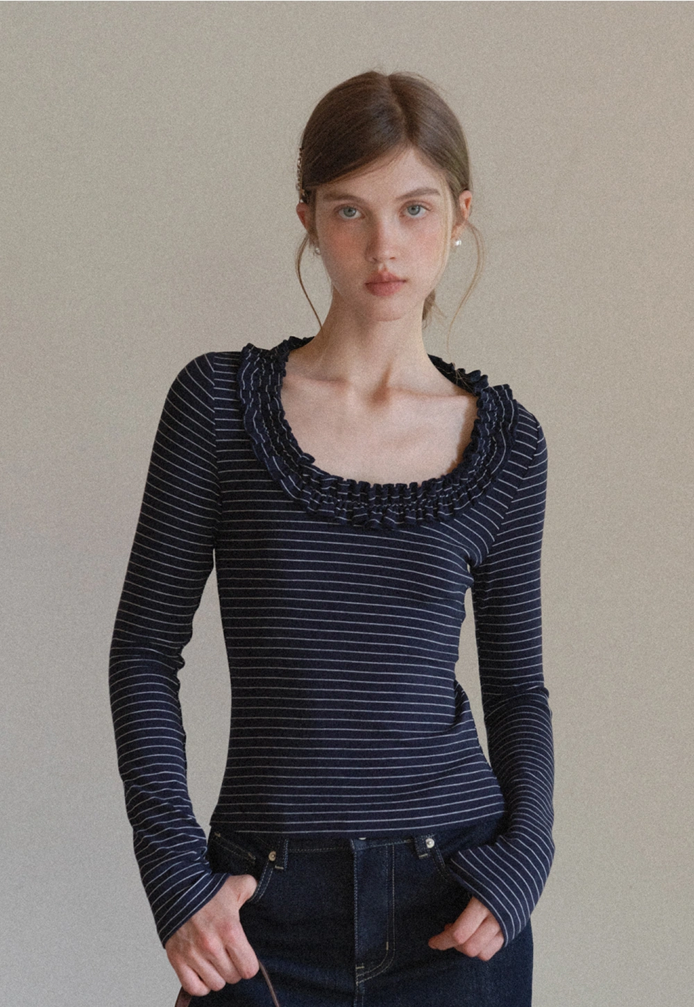 Women Striped Long Sleeve Tee with Ruffled Neckline