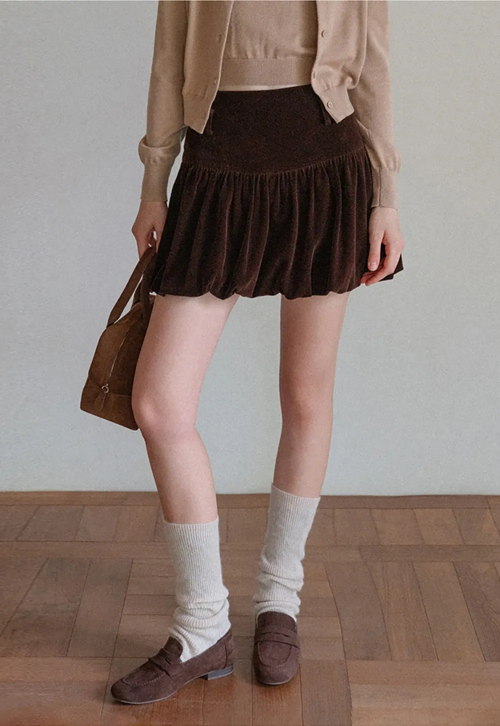 Women Velvet Bubble Hem Mini Skirt High Waist