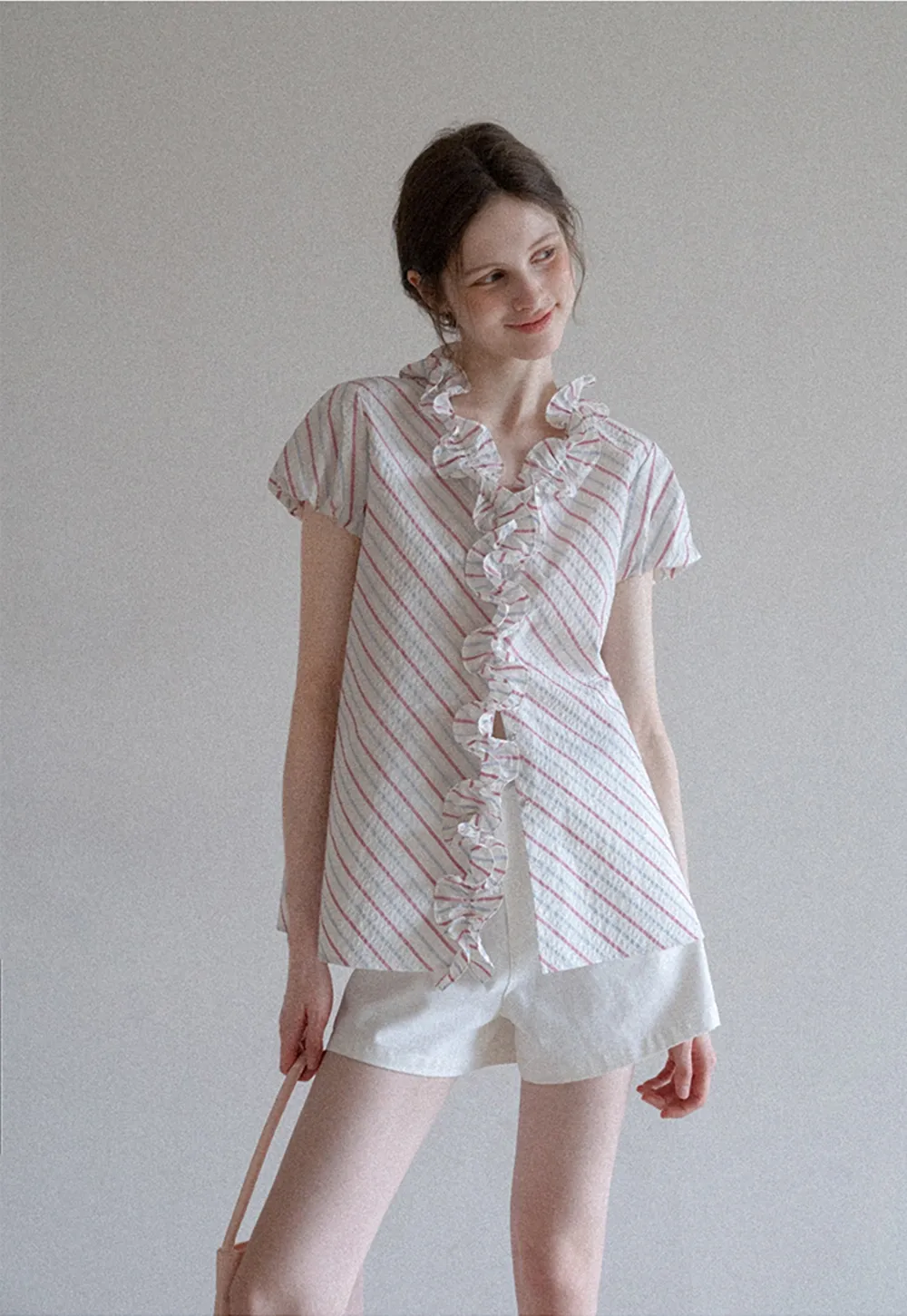 Women’s Ruffle Trim Striped Short Sleeve Blouse