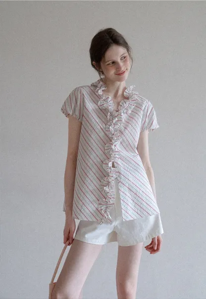 Women’s Ruffle Trim Striped Short Sleeve Blouse