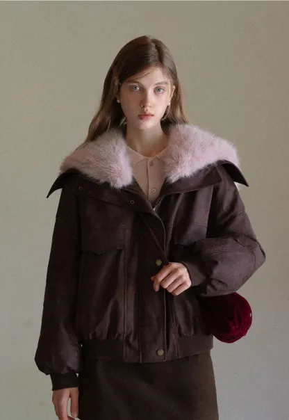 Women Fuzzy Collar Suede Jacket Warm Outerwear