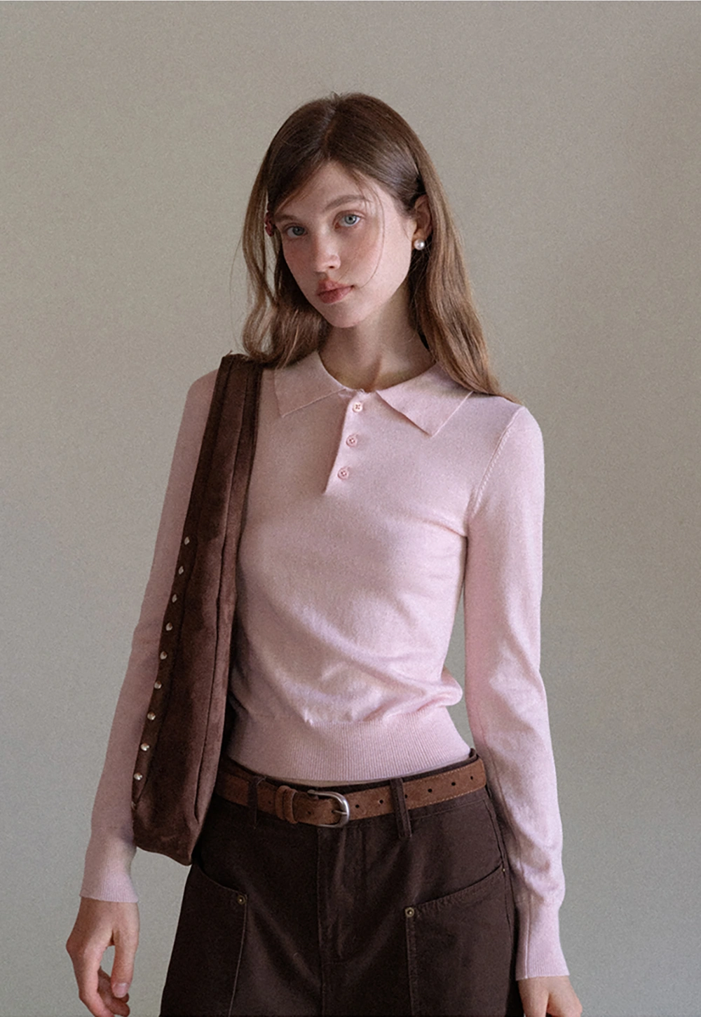 Women Soft Knit Polo Sweater Long Sleeve Pullover