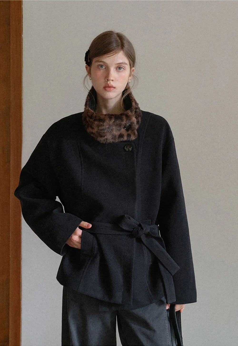 Faux Fur Trim Belted Wool Coat