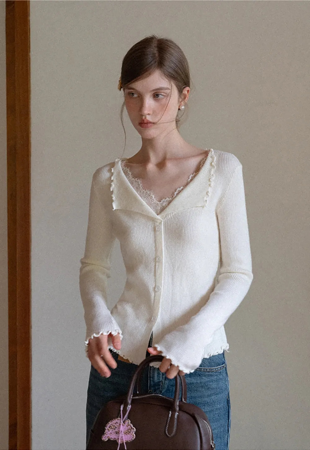 Lace Trim Ribbed Knit Top