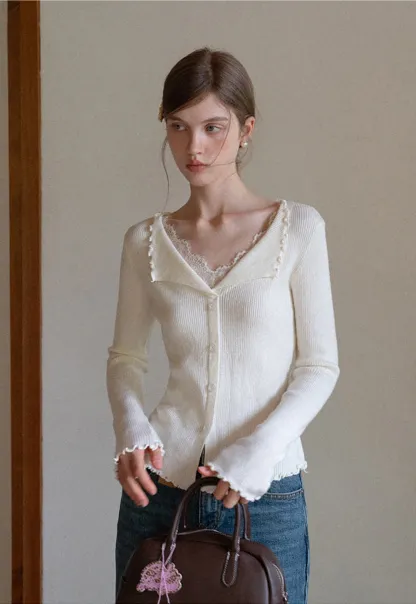 Lace Trim Ribbed Knit Top