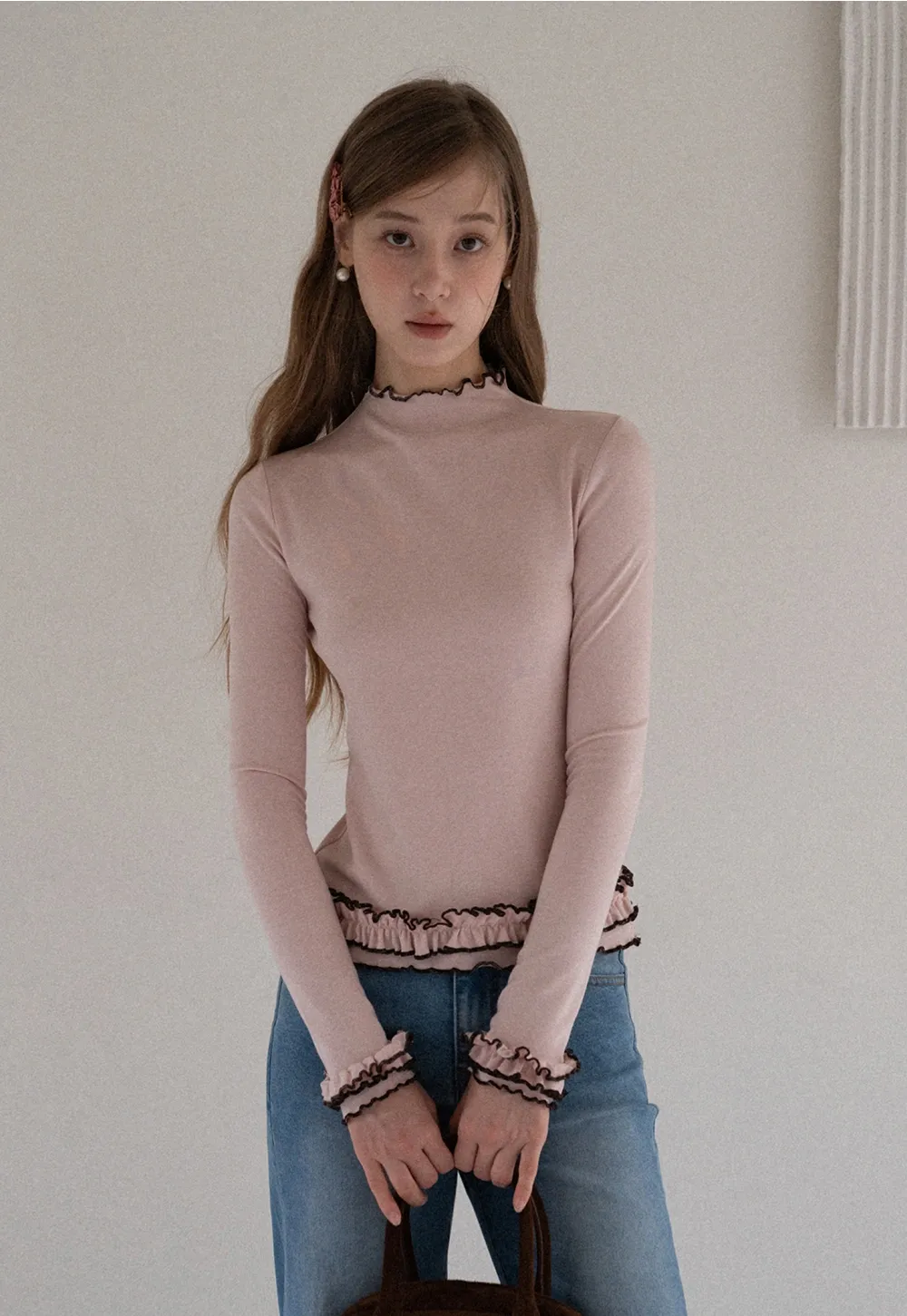 Ruffle Trim Mock Neck Long Sleeve Top
