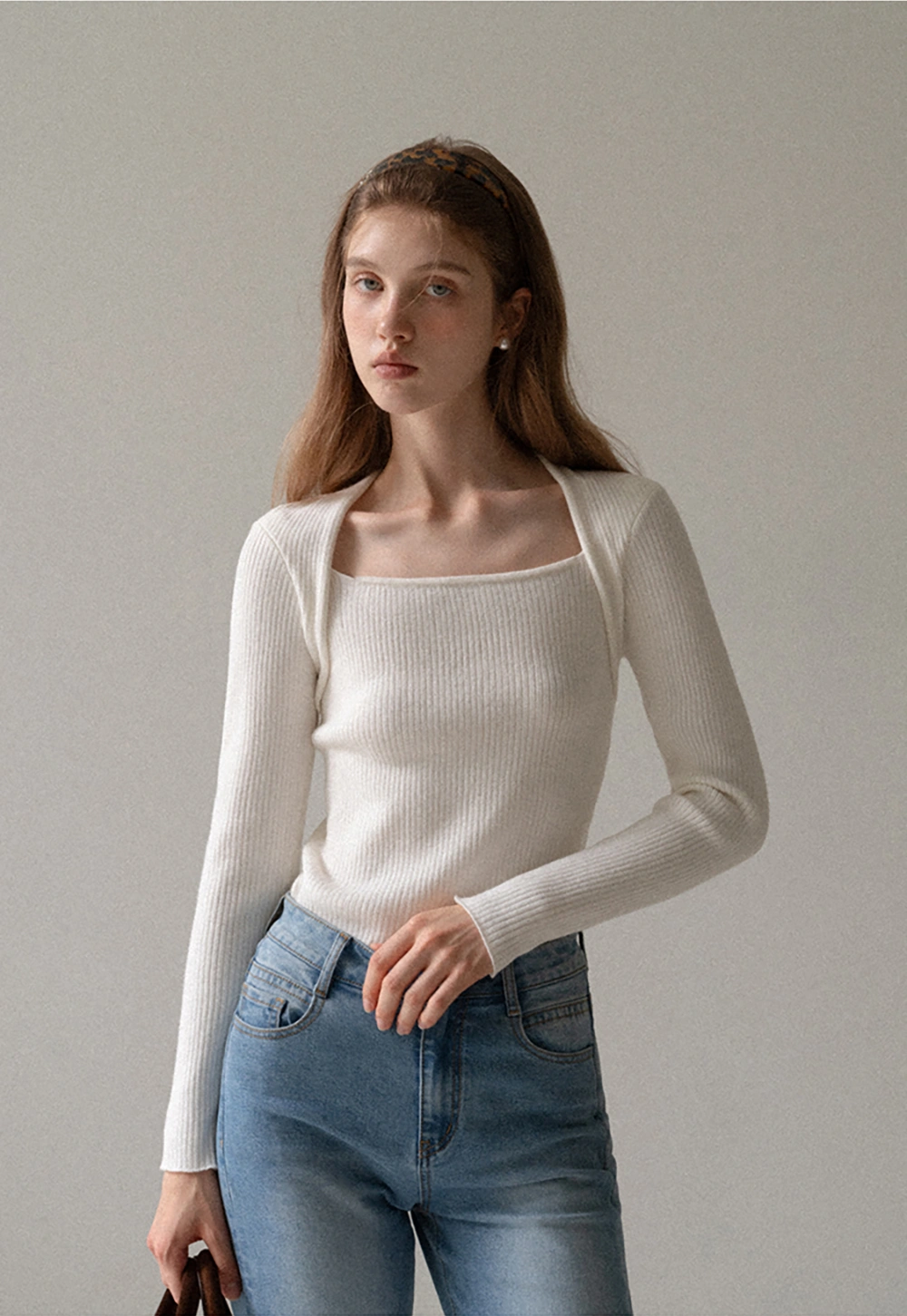 Women Square Neck Ribbed Knit Shrug Top