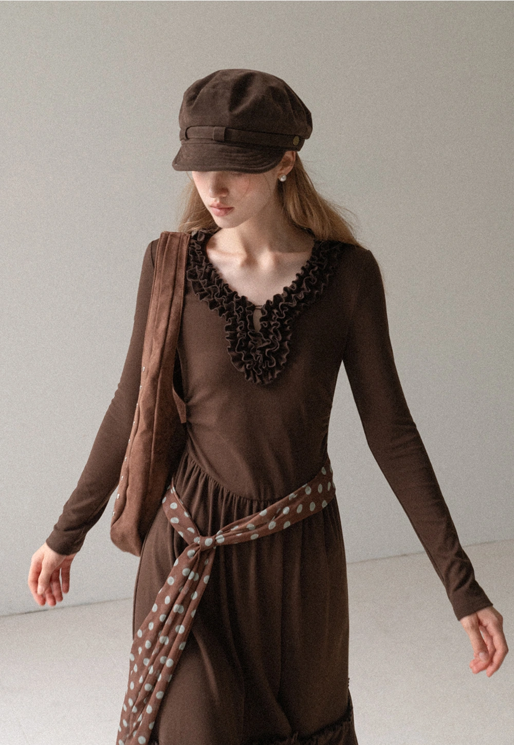 Women Long Sleeve Ruffle Neck Vintage Maxi Dress