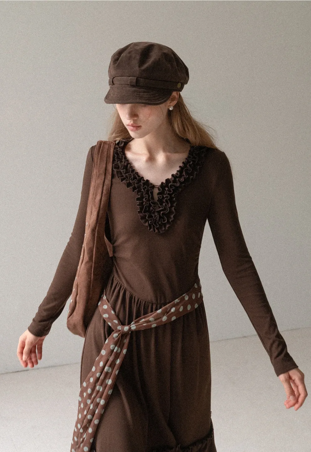 Women Long Sleeve Ruffle Neck Vintage Maxi Dress