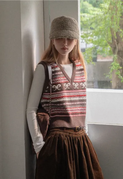 Preppy Bow Pattern V Neck Knit Sweater Vest