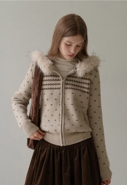 Vintage Knit Hooded Cardigan Women Faux Fur Coat