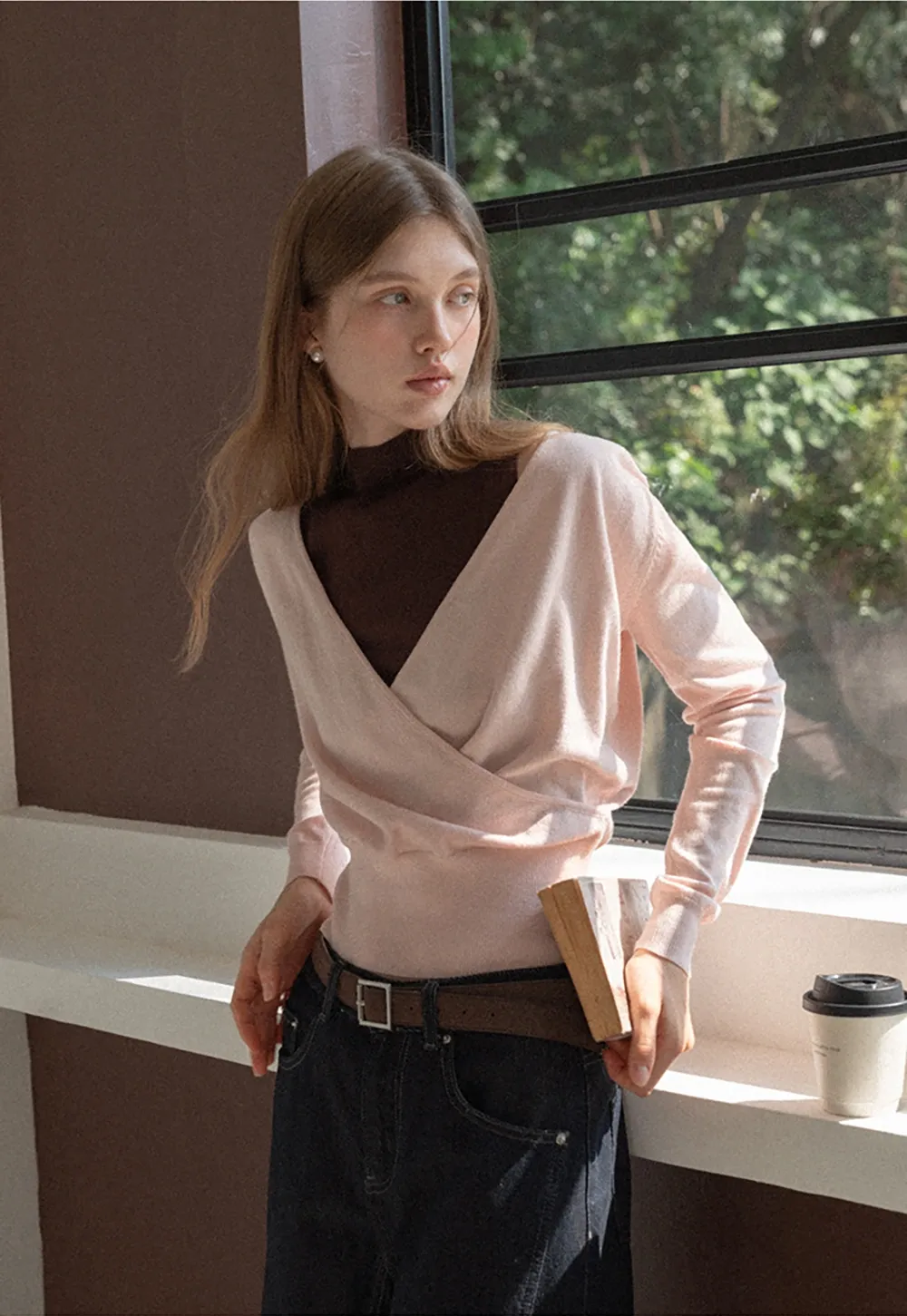 V Neck Wrap Knit Top and Sleeveless Vest Set