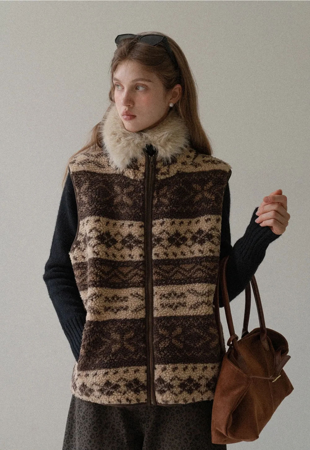 Vintage Fleece Vest Women Zip Up Sherpa Warm