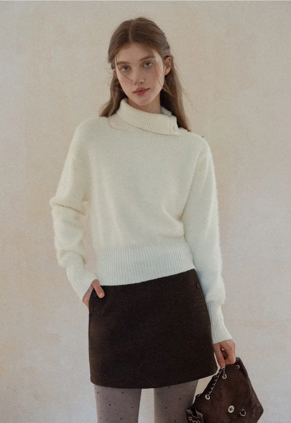 Button Shoulder Turtleneck Sweater