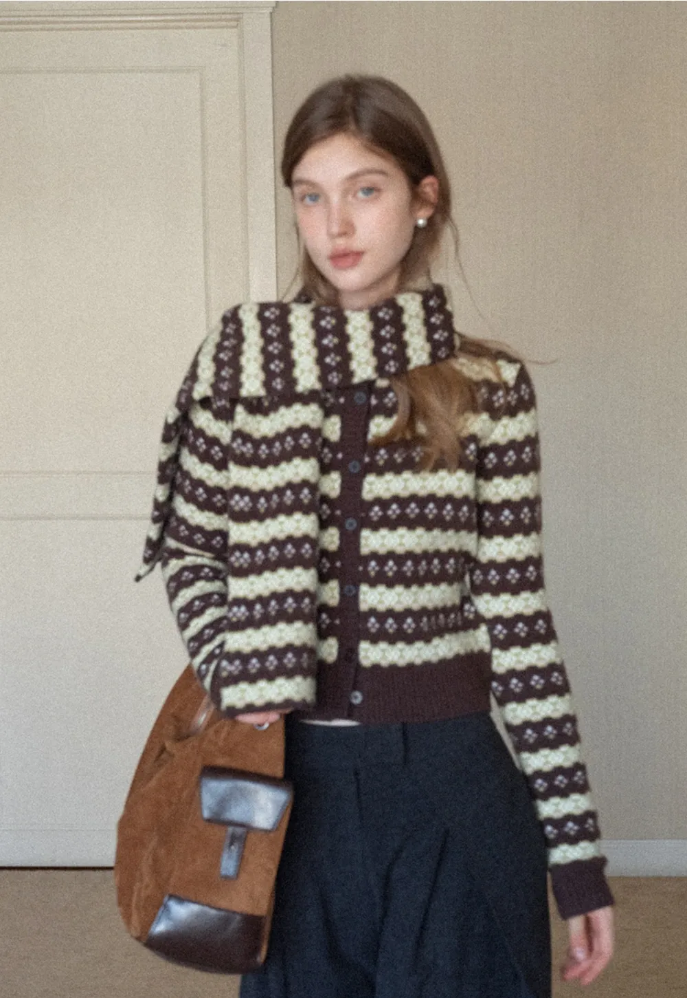 Women Warm Knit Cardigan Set Vintage Striped Style