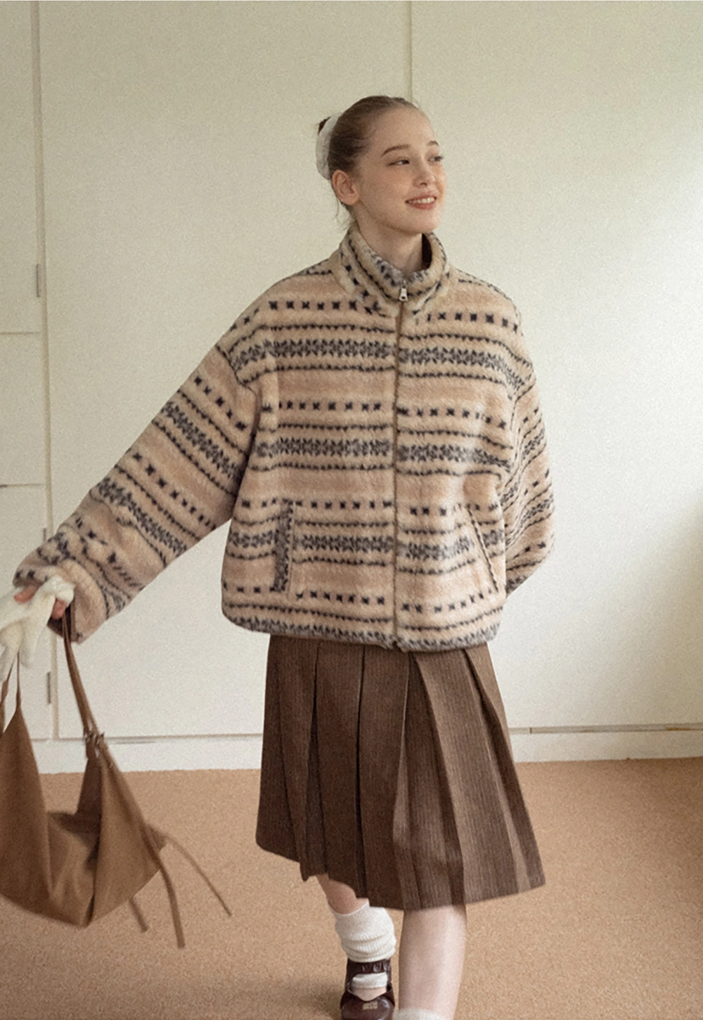 Women Vintage Fleece Jacket Striped Warm Outerwear