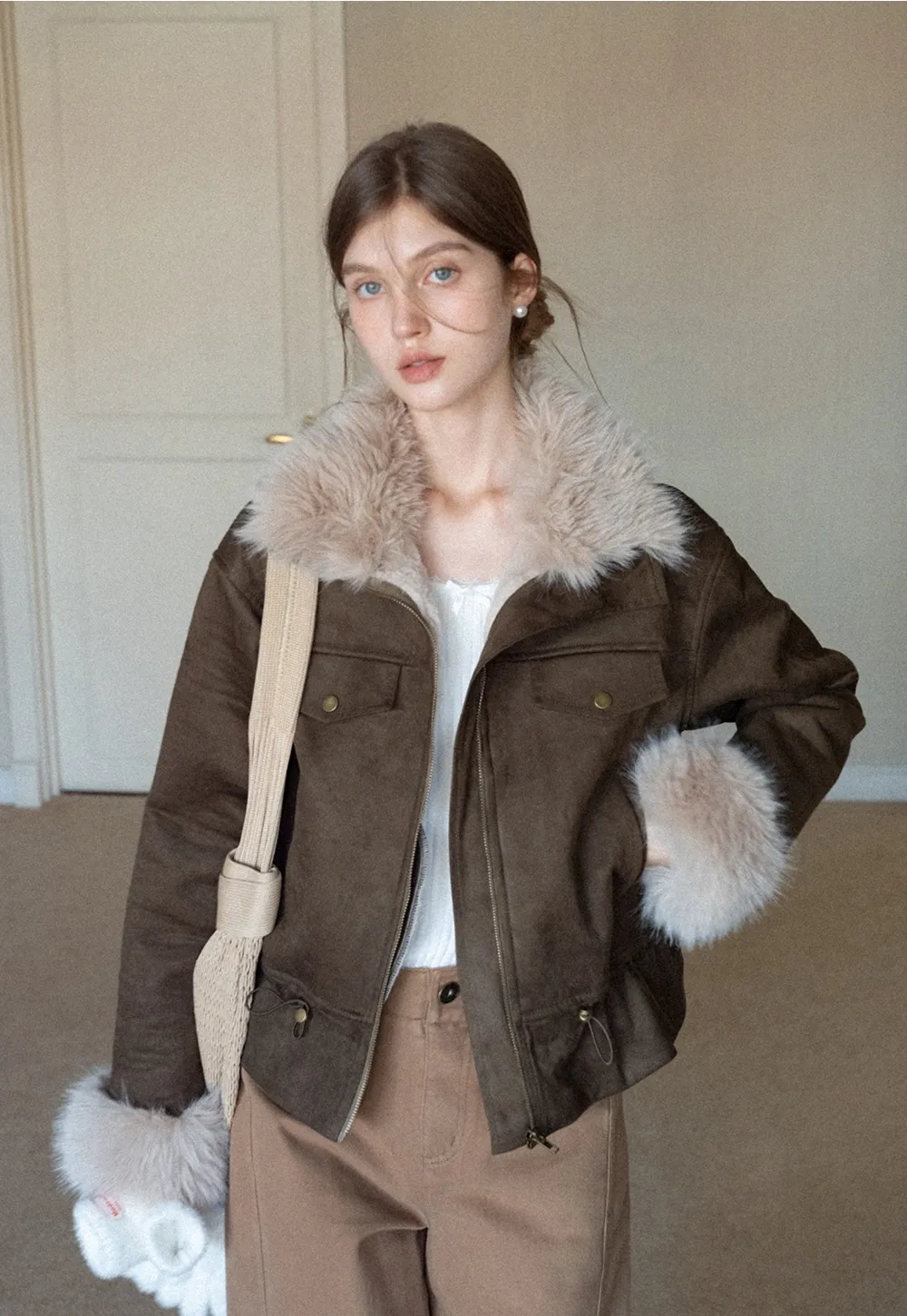 Women Faux Suede Fur Trim Short Winter Jacket