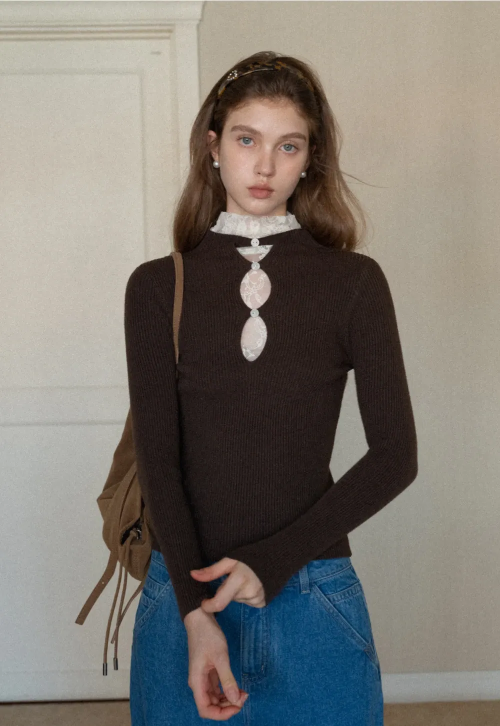 Womens Ribbed Mock Neck Top with Lace Buttons