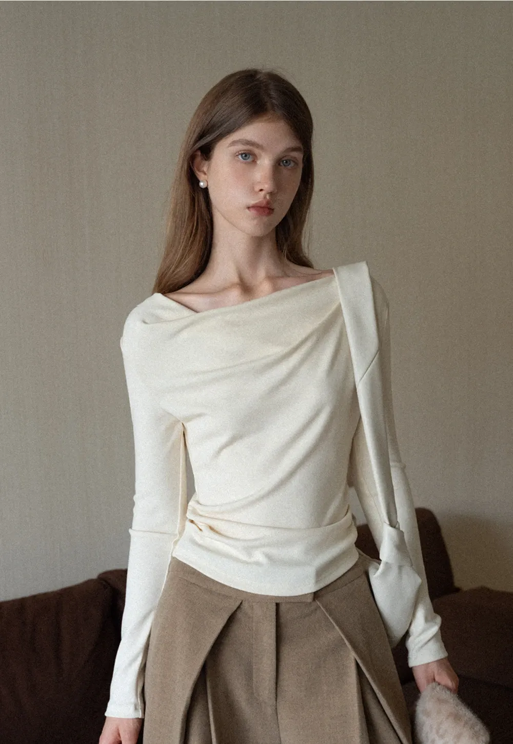 Womens Long Sleeve Drape Neck Top