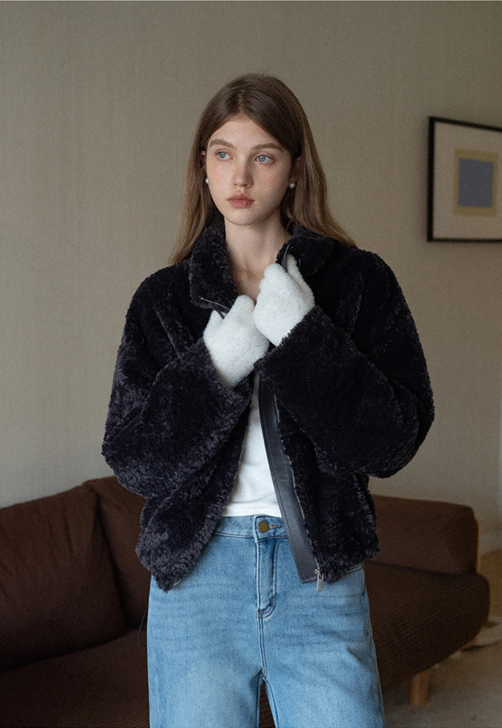 Womens Oversized Stand Collar Faux Leather and Sherpa Jacket