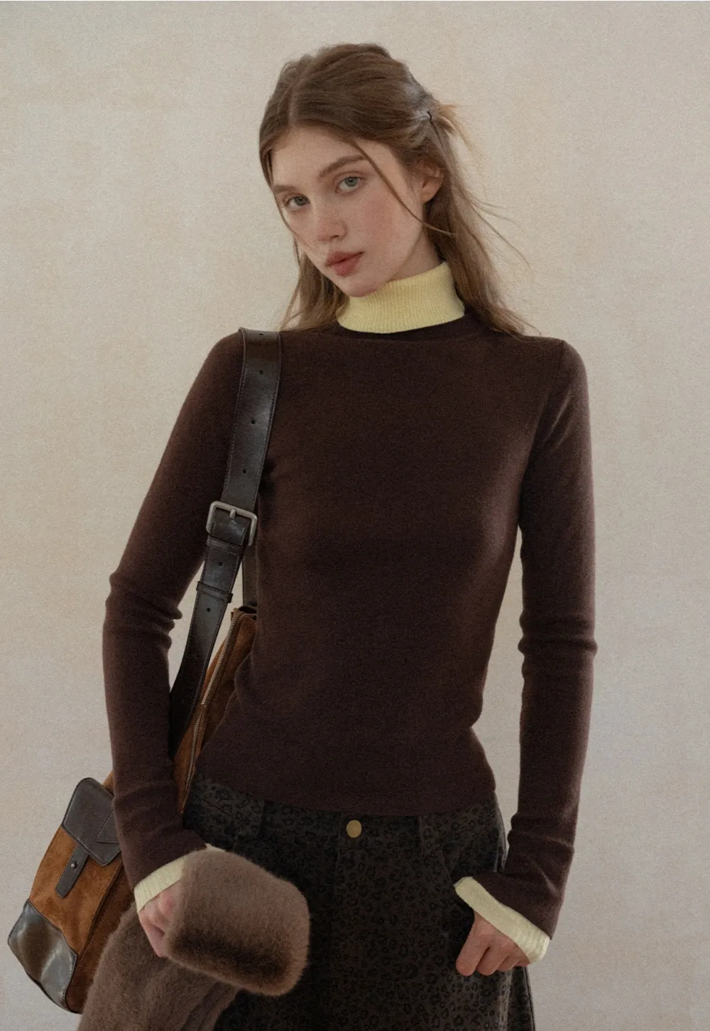 Casual Brown Turtleneck Sweater with Yellow Cuffs