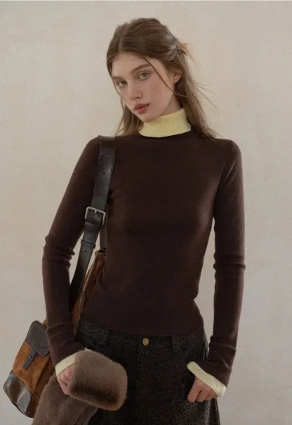 Casual Brown Turtleneck Sweater with Yellow Cuffs