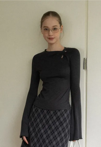 Women Gray Knot Detail Long Sleeve Top