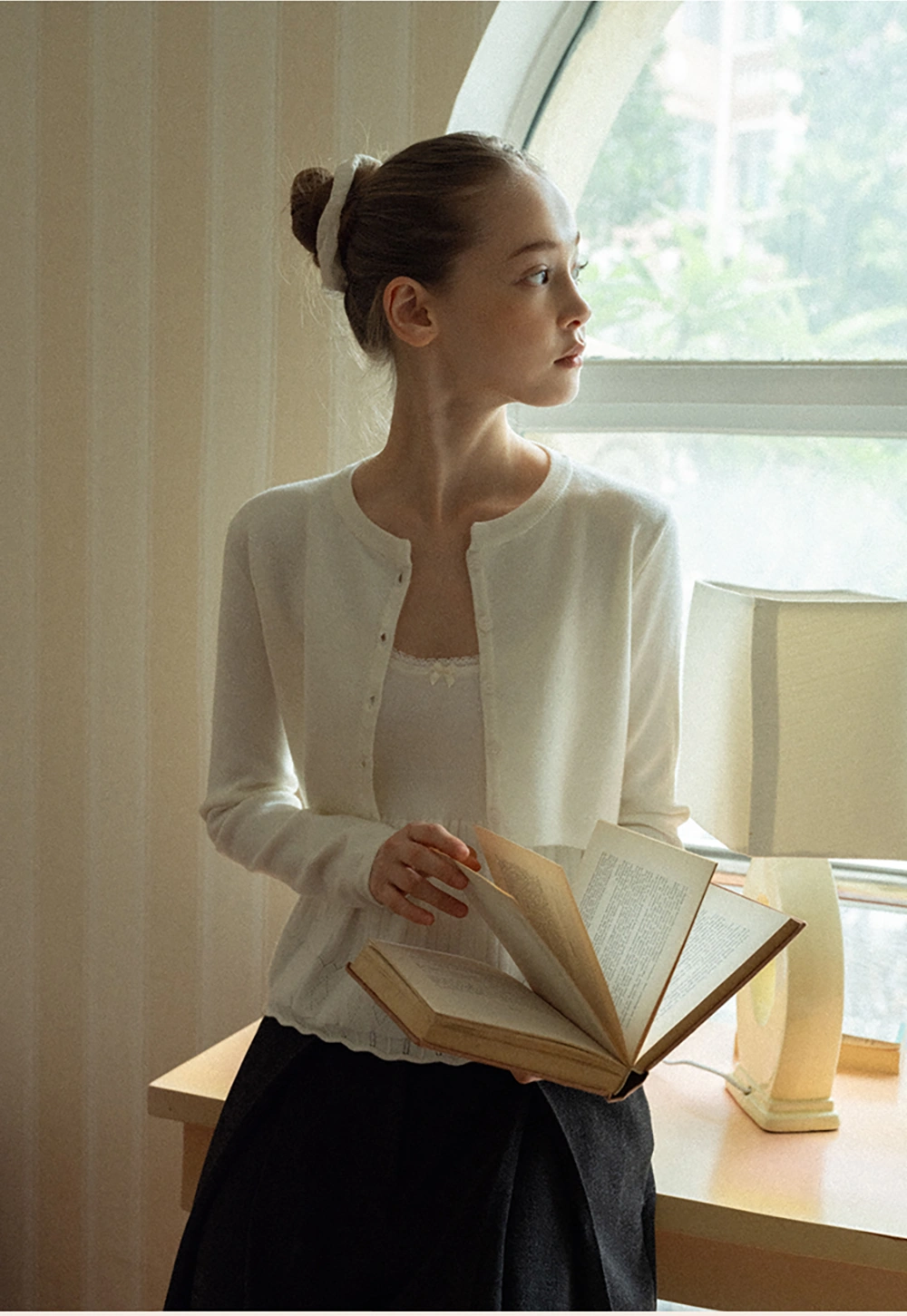 Chic White Cardigan with Bow Tie and Matching Camisole