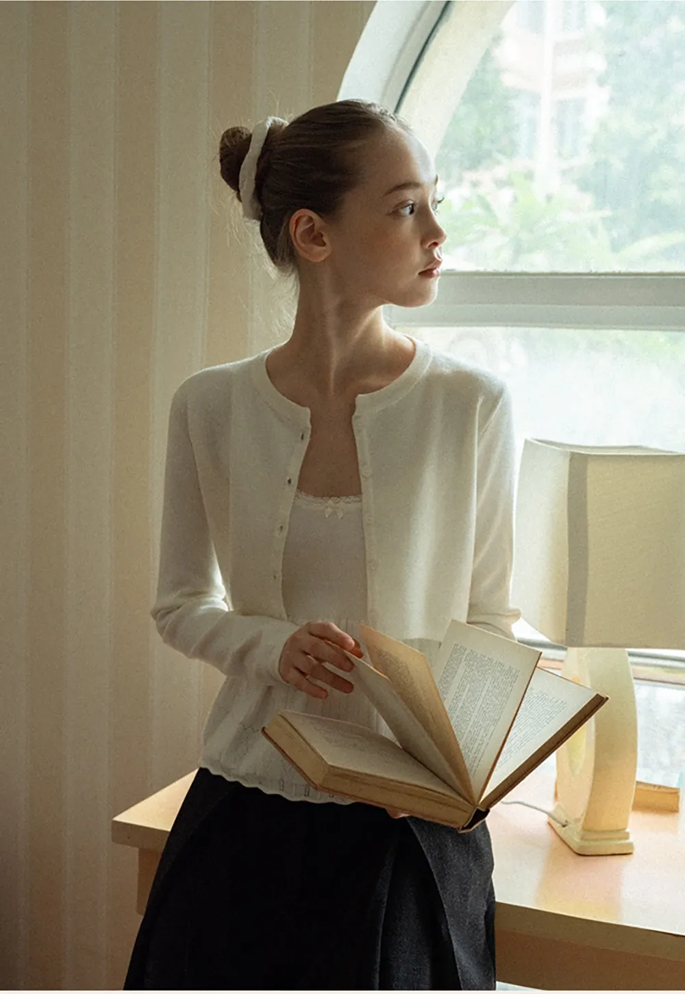 Chic White Cardigan with Bow Tie and Matching Camisole