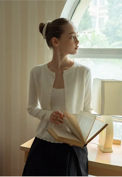 Chic White Cardigan with Bow Tie and Matching Camisole