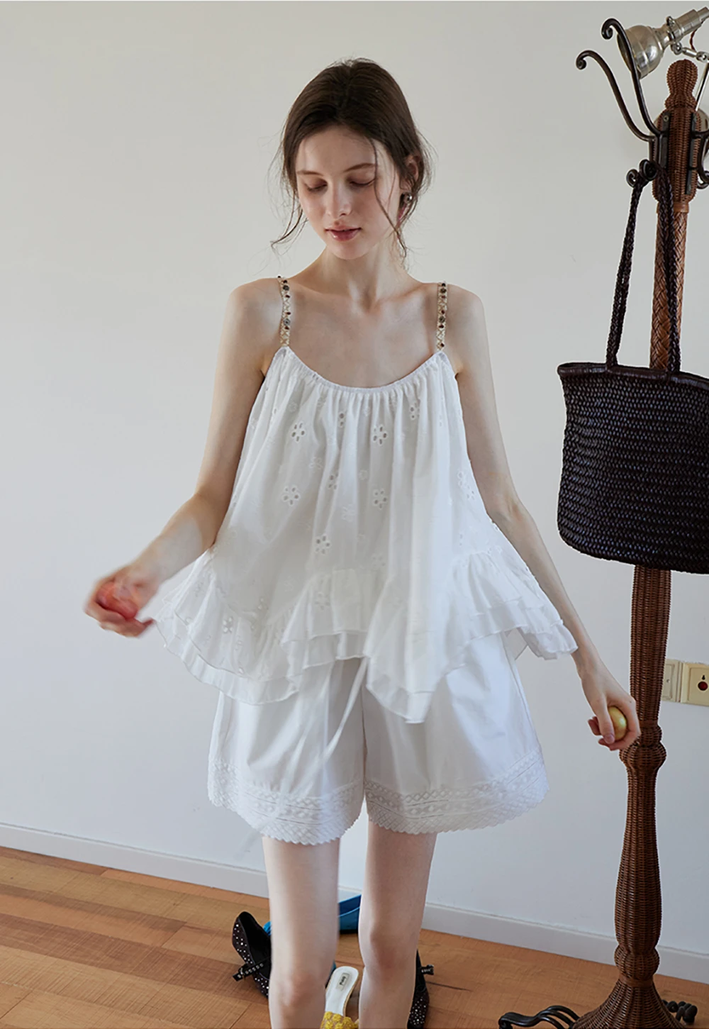 Women’s Floral-Embroidered Ruffle Cami Top
