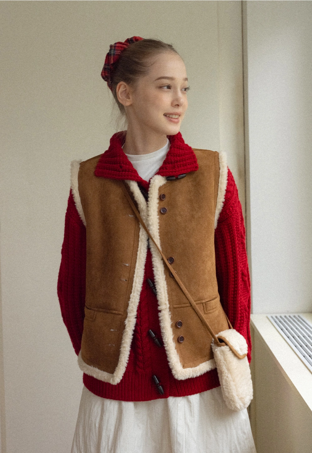 Women Brown Suede Shearling Vest with Warm Fleece Lining