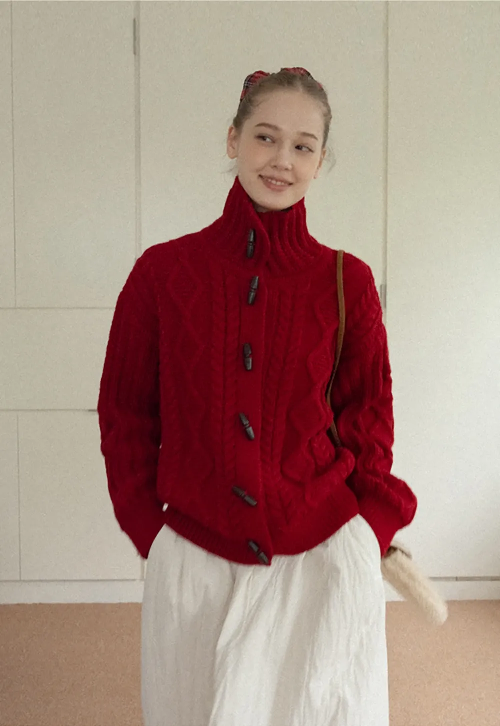 Loose Fit Turtleneck Sweater Cardigan with Cable Knit and Toggle Closure