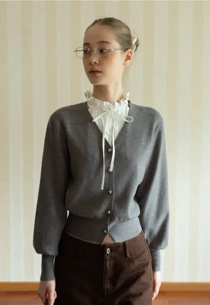 Women V-Neck Cardigan with Puff Long Sleeves