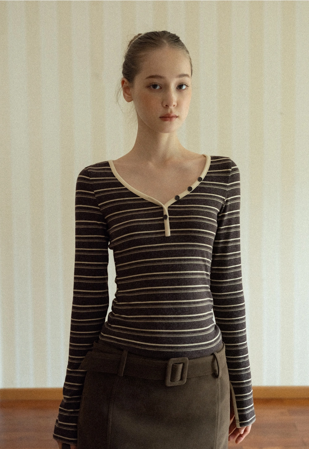 Women Striped Long Sleeve V-Neck Top