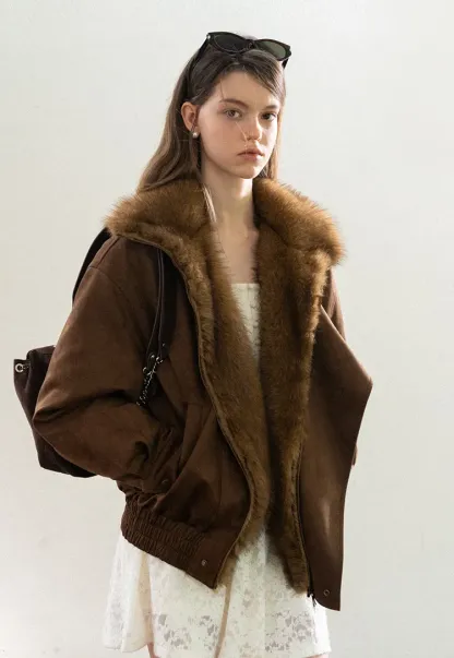 Faux Suede Jacket with Fur Collar