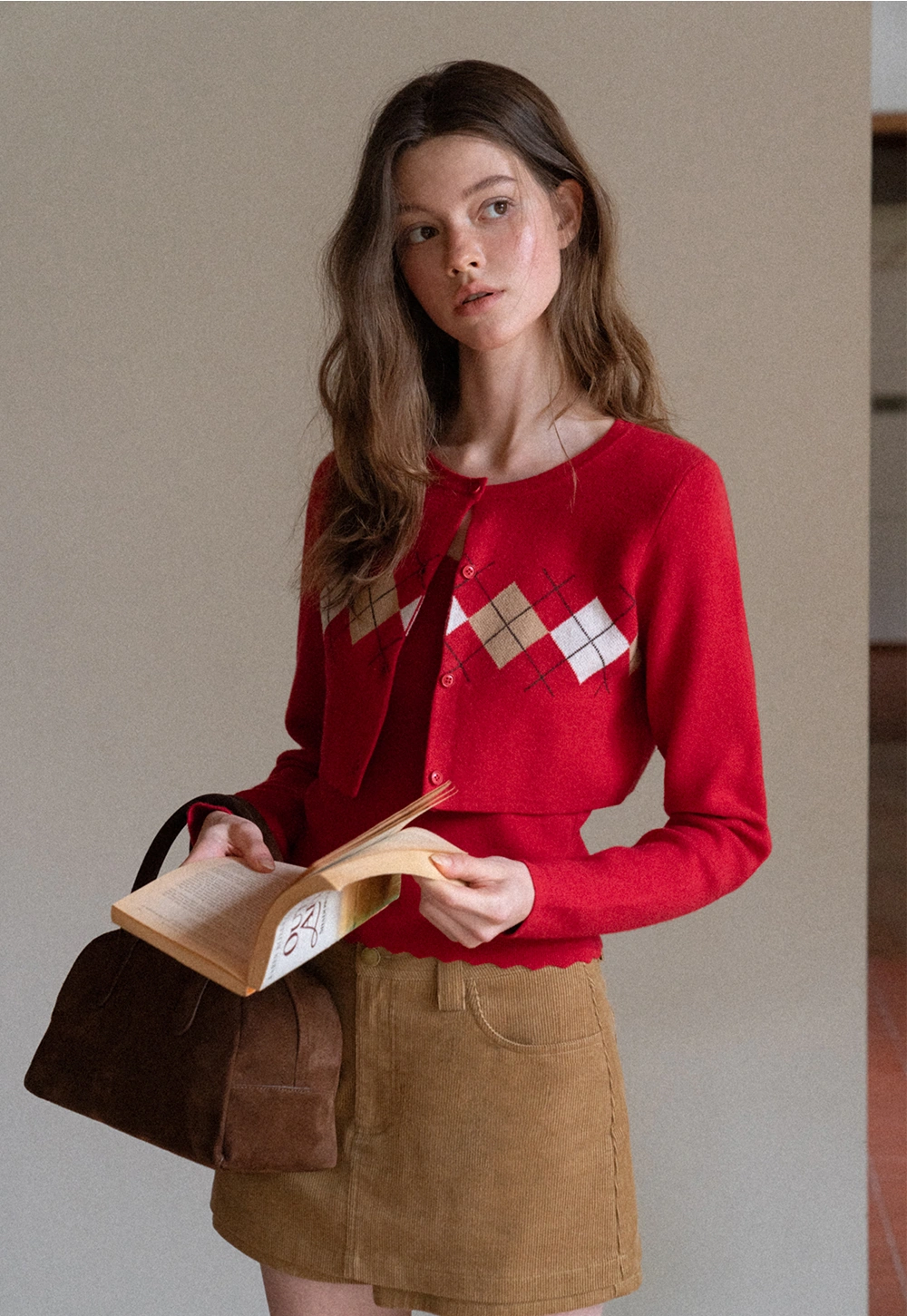 Women Red Tank Top and Argyle Cardigan Set