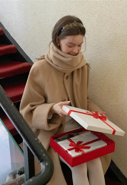 Women Wool Coat with Attached Scarf