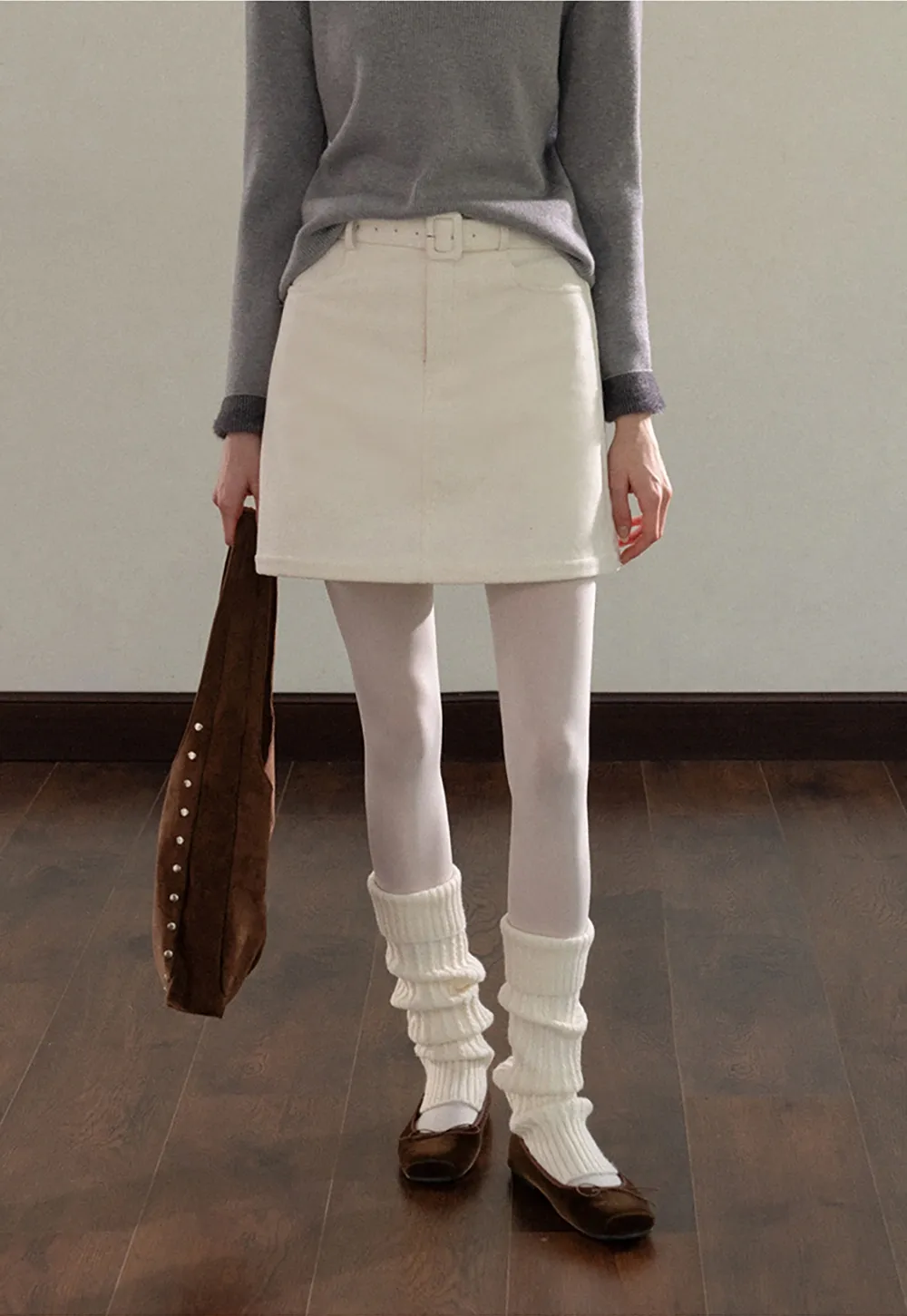 Women White Belted Corduroy Skirt