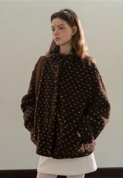 Women Cozy Fleece Jacket with Cute Heart Pattern