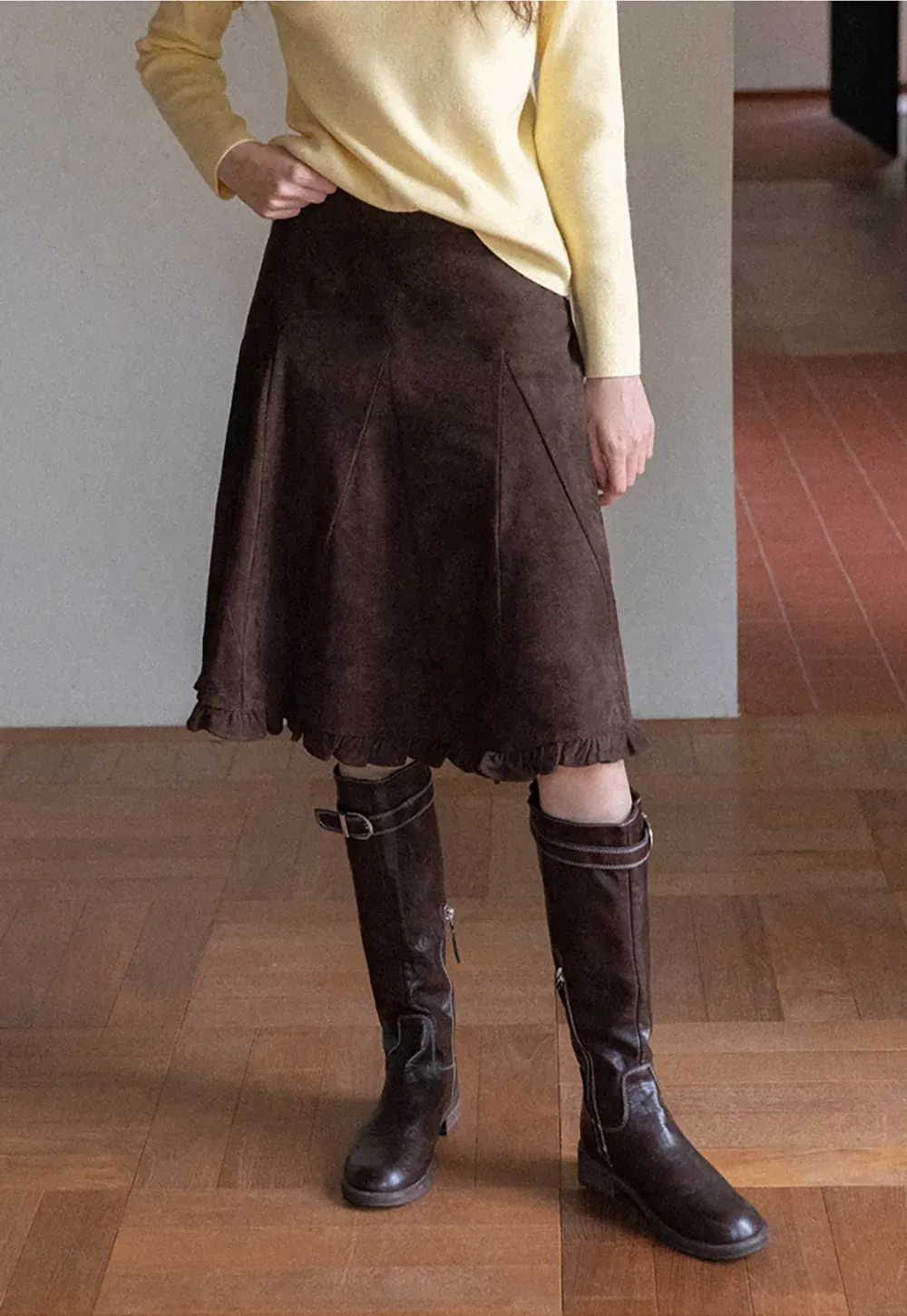 Ruffled Hem Suede A-Line Skirt