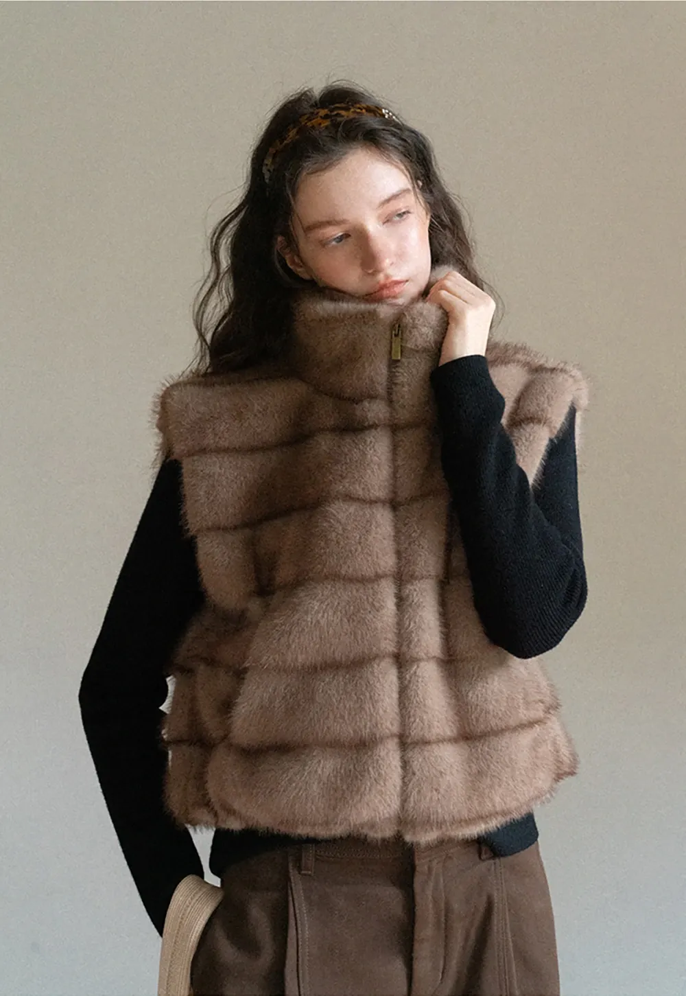 Layered Fuzzy Stand-Collar Vest