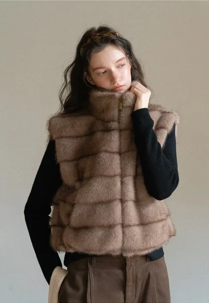 Layered Fuzzy Stand-Collar Vest