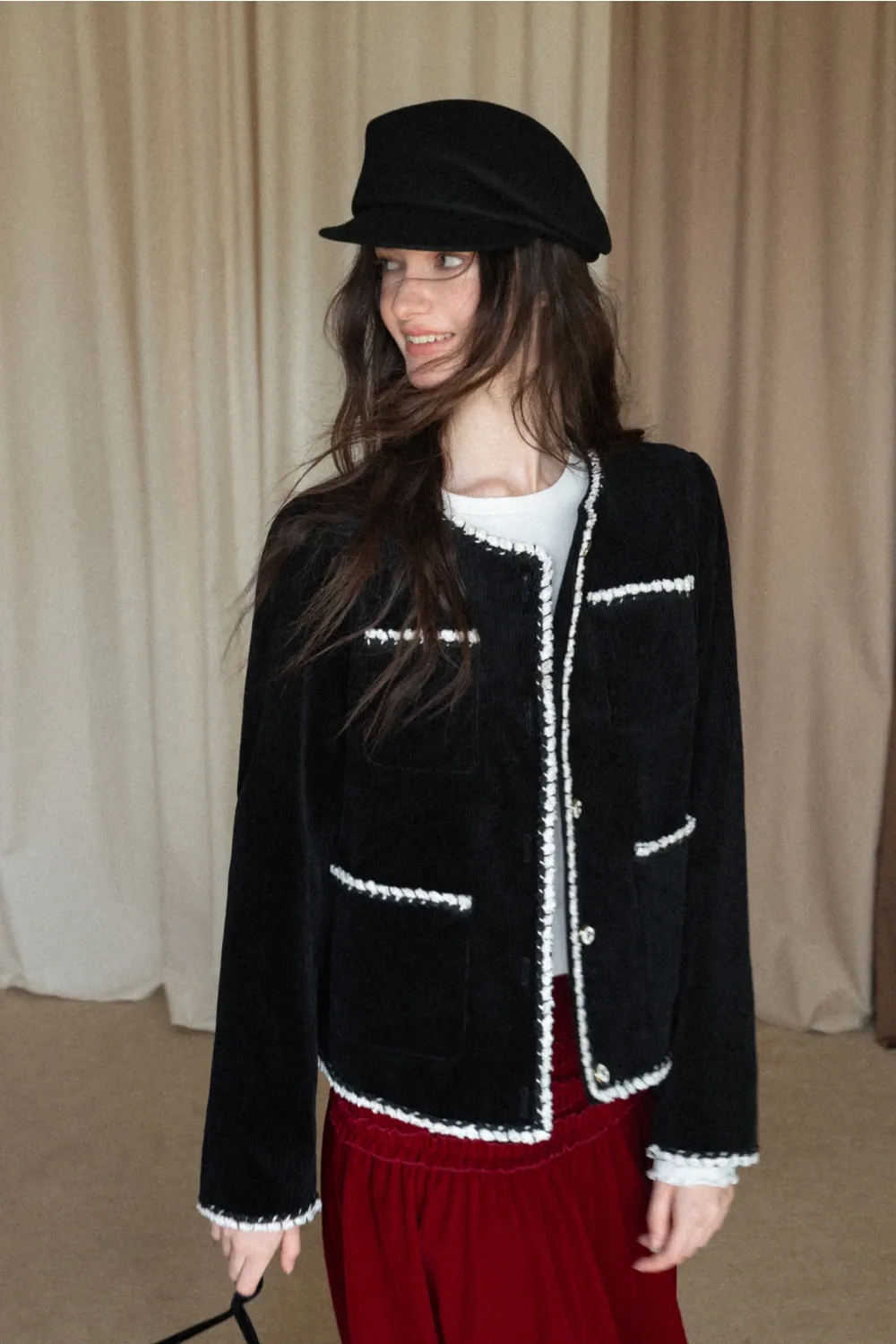 Womens Classic Contrast Trim Tweed Short Jacket